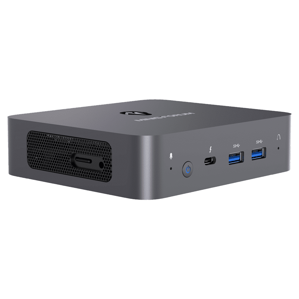 MinisForum X35G Windows Intel NUC Mini PC - Shown from the front at angle with Microphone, Power Port, USB Type-C and 2x USB Type-A 3.0