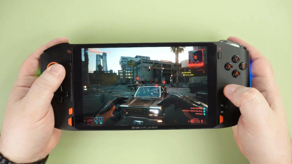 ONEXPLAYER Mini PRO handheld PC running Cyberpunk 2077