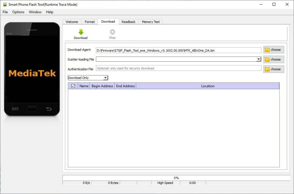 SP Flash Tool-Schnittstelle