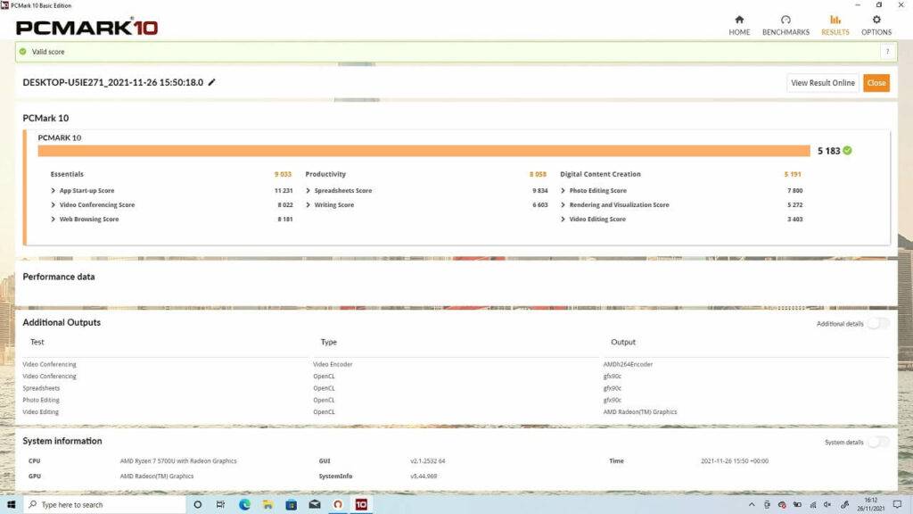 ONEXPLAYER AMD 5700U PCMark pontszám