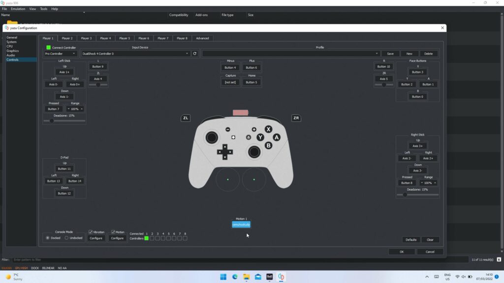 Yuzu controller configuration for Yuzu motion controls