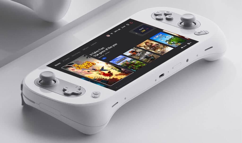 AYANEO 2 RDNA2 PC Gaming Handheld shown from the top with AYA Space running