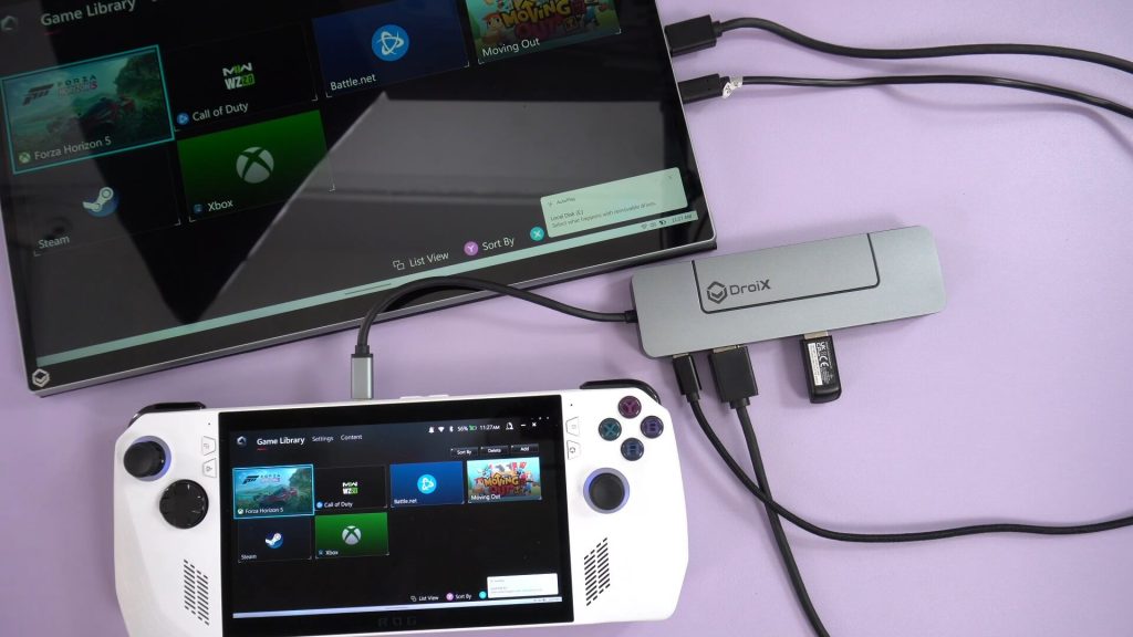 DroiX NH8 hub with HDMI, Mouse & Keyboard dongle, charger and NVMe