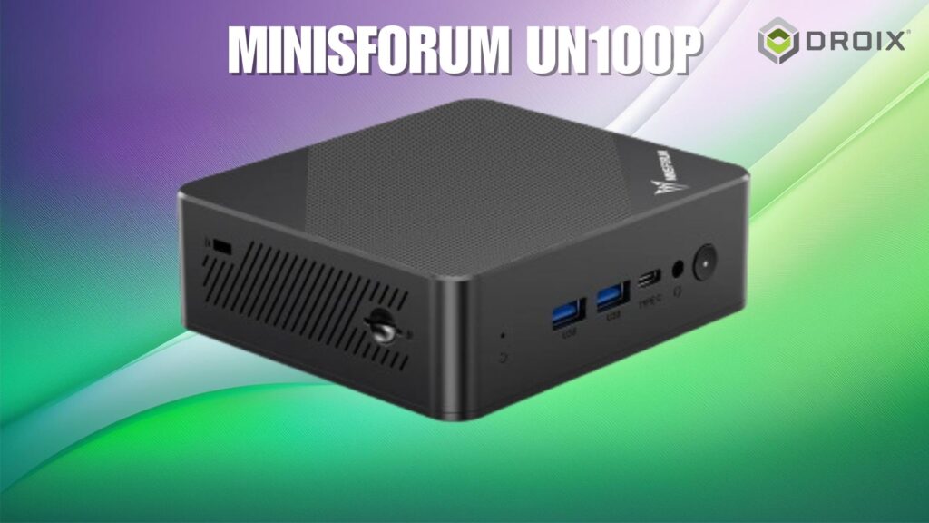 Minisforum UN100P priekis ir kairė pusė