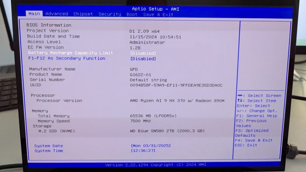 GPD Duo - Hlavní BIOS