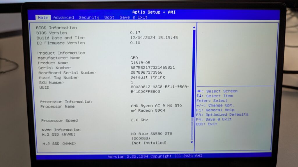 GPD WIN MAX 2 2025 - Hlavní BIOS
