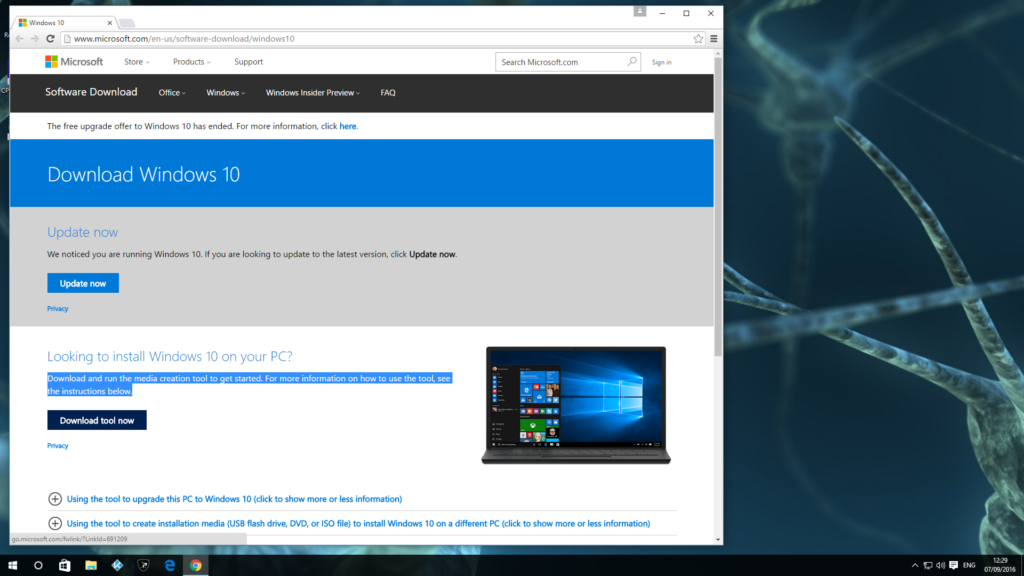 1 Værktøj til oprettelse af medier Windows 10 Anniversary Update