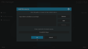 Kodi 17 LibreELEC System File Manager Aggiungi informazioni sulla fonte inserite, OK evidenziato