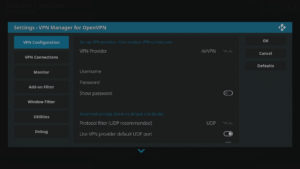 Kodi 17 LibreELEC Kodi Add-ons Installare da Repository Repo Inserito VPN Manager per OpenVPN Configurazione Prima Area