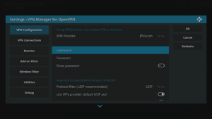 Kodi 17 LibreELEC VPN Manager per OpenVPN Configurazione Prima Area Nome Utente