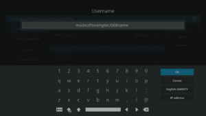 Kodi 17 LibreELEC VPN Manager per OpenVPN Configurazione Prima Area Tastiera Inserimento nome utente