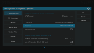 Kodi 17 LibreELEC VPN Manager per la configurazione di OpenVPN Prima area Nome utente e password inseriti