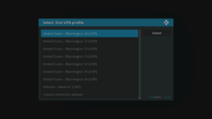 Kodi 17 LibreELEC VPN Manager per connessioni VPN OpenVPN Selezione del server della città del paese Fine dell'elenco