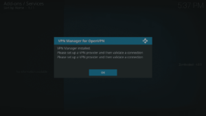 Kodi 17 LibreELEC VPN Manager per OpenVPN Installazione VPN confermata