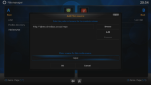 Kodi 16 LibreELEC VPN Manager per OpenVPN File Manager Aggiungi indirizzo sorgente Inserito Fare clic sulla casella dell'etichetta