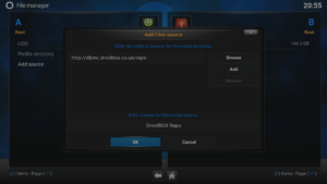 Kodi 16 LibreELEC VPN Manager per OpenVPN File Manager Aggiungi indirizzo di origine ed etichetta inseriti Clicca su OK