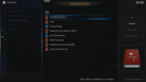 Kodi 16 LibreELEC VPN Manager per OpenVPN Menu di sistema Area Add-Ons Installare da ZIP Selezionare la fonte