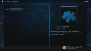 Kodi 16 LibreELEC VPN Manager per OpenVPN Addon installato Notifica di conferma