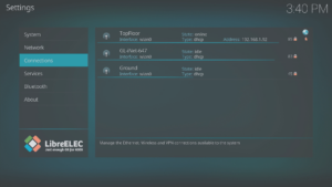 LibreELEC 8.0.2 Konfigurace LibreELEC b Oblast připojení zobrazující připojené WiFi