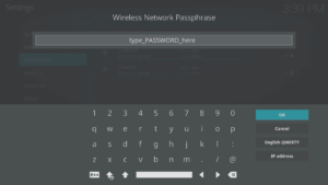 LibreELEC 8.0.2 Konfigurace LibreELEC b Oblast připojení Síť WiFi Zadání hesla Klávesnice na obrazovce