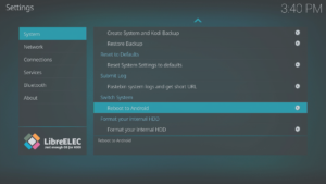 LibreELEC 8.0.2 Konfigurace LibreELEC c Systémová oblast Restart na Android