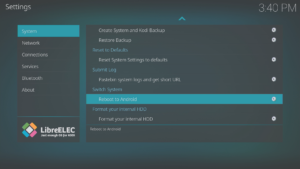 LibreELEC 8.0.2 Konfigurace LibreELEC c Systémová oblast Restart na Android