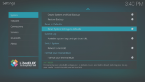 LibreELEC 8.0.2 Konfigurace LibreELEC c Obnovení systémové oblasti LibreELEC Zvýrazněno