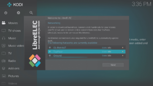 LibreELEC 8.0.2 Průvodce Třetí obrazovka a Výběr sítě WiFi