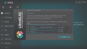 LibreELEC 8.0.2 Průvodce Třetí obrazovka d Zobrazuje WiFi připojeno