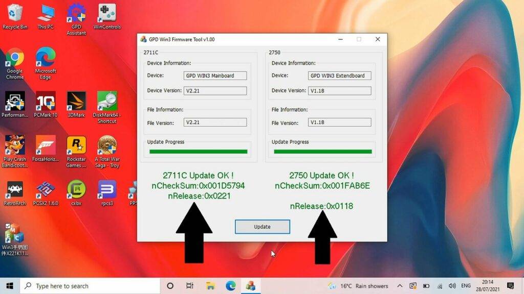 GPD Win 3 BIOS-opdatering afsluttet