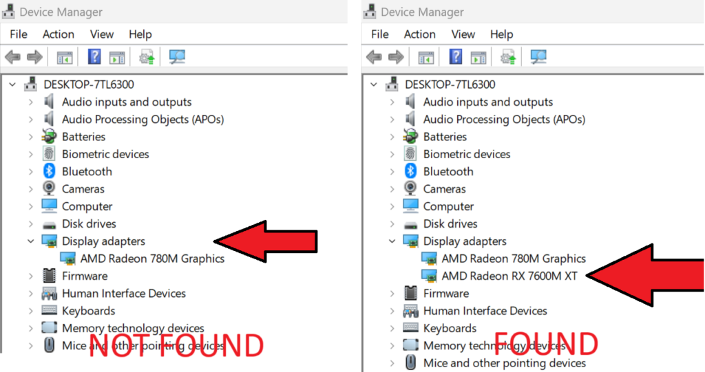 AMD Radeon RX 7600M XT Not Found & Found example
