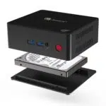 Beelink X55 Windows 10 Home Mini Computer showing front and capability of upgrading the device with a 2.5" HDD/SSD
