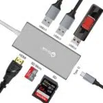 DroiX FX7 USB Type-C Hub illustrating its HDMI, MicroSD, SD, USB Type-C, and three USB Type-A Connections