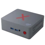 Beelink BT3-X Windows 10 Mini PC HTPC ; Front View showing Power Button, 3.5mm Headphone Jack and 2x USB 3.0 Type A Ports