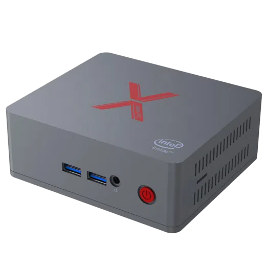 Beelink BT3-X Windows 10 Mini PC HTPC ; Front View showing Power Button, 3.5mm Headphone Jack and 2x USB 3.0 Type A Ports