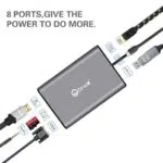 DroiX FX8 USB Type-C Hub illustrating its VGA Port, Audio Port, MicroSD/TF Card, 4K HDMI Port, double USB Type-A 3.0, USB Type-C 3.0 and RJ45 1000M Ethernet Cable