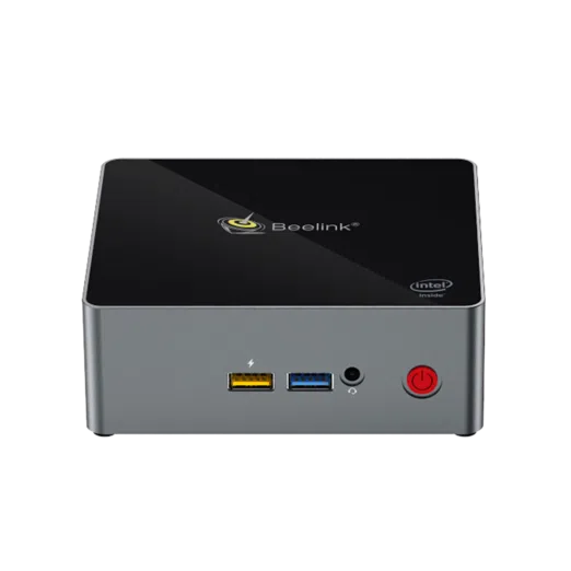 Beelink J45 Windows 10 Mini Computer for Home or Office - Front View showing Power Port, 2x USB Type-A and 3.5mm Headphone&Microphone Jack