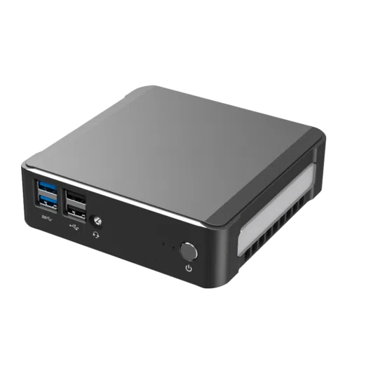 DroiX CK1 Mini PC Windows 10 NUC Up to Intel Core i7 Chipset, 512GB PCI-E NVMe SSD, 16GB DDR4 RAM - Showing front with 2x USB 3.0 Ports ; 2x USB 2.0 Ports ; 3.5mm Headphone&Microphone Jack and Power Button