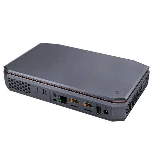 AMD T12 Windows 10 HTPC - Showing rear I/O with Power Supply Port, 2x HDMI Ports, 1GB/s LAN Port, Kensington Lock and 3.5mm Headphone Jack