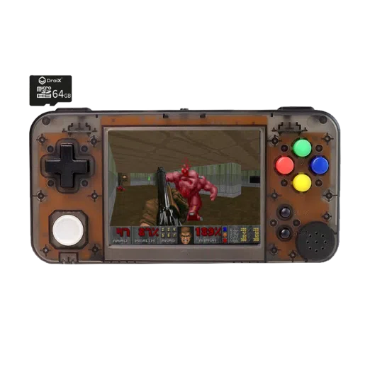 GKD350H Portable Retro Gaming Handheld by DroiX with 64GB DroiX Micro SD Card - Transparent Black Front View