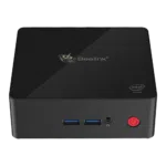 Beelink X55 Windows 10 Home Mini Computer showing front USB 3.0 Ports and 3.5mm Headphone&Microphone Jack along with Power Button and top Beelink logo