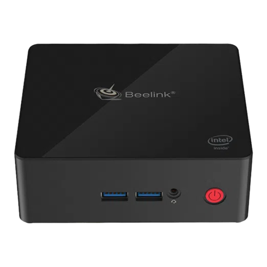 Beelink X55 Windows 10 Home Mini Computer showing front USB 3.0 Ports and 3.5mm Headphone&Microphone Jack along with Power Button and top Beelink logo