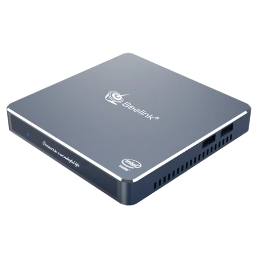 Beelink Gemini M Intel Mini PC Computer - Shown from angle with front plate and 2x USB Ports