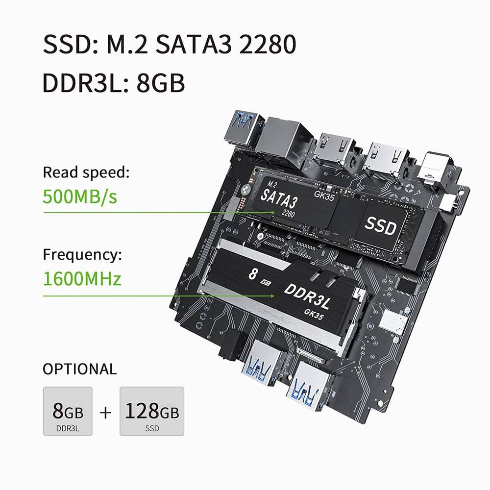 Beelink GK35 Intel N3350 5 Beelink GK35 N3350 Intel Digital Signage Mini PC - Shown with storage specs