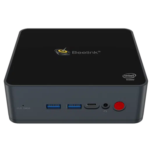 Beelink GK55 Intel Mini PC - Shown from the front with Power Button, Headphone In, USB C Port and 2x USB Type-A Ports