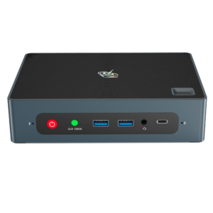 Beelink GTi 10 Windows Intel NUC Mini PC - Showing from the front with Power Button, CMOS Reset Button, 2x USB Type-A 3, 3.5mm Headphone&Microphone Jack and USB Type-C