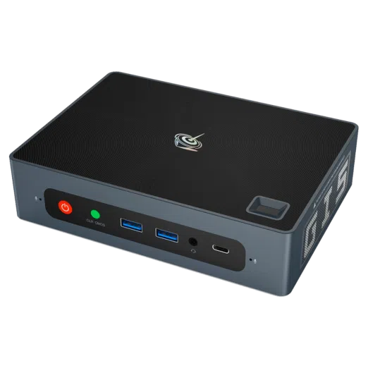 Beelink GTi 8 i5 8259U shown from the front with Power Button, clear CMOS button, 2x USB Type-A 3.0, 3.5mm Microphone & Headphone Jack and Type-C along with fingerprint sensor