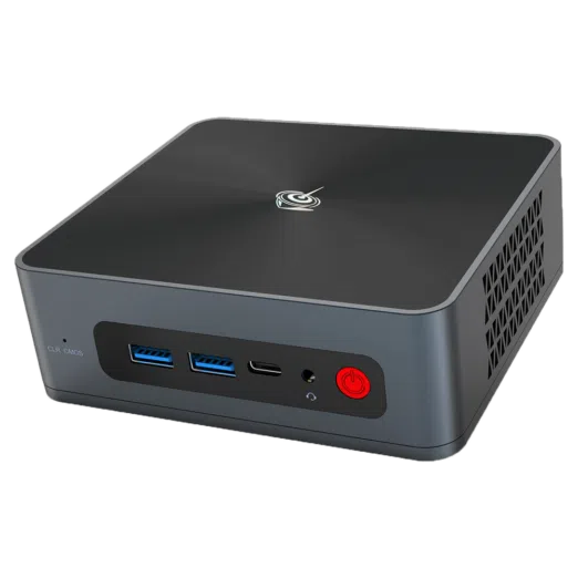 Beelink SEi 10 i3 Mini PC showing from front at angle with 2x USB Type-A 3.0 and 1x USB Type-C Port along with 3.5mm Headphone Jack