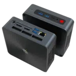 Beelink SEi 10 i3 Mini PC showing from front at angle with 2x USB Type-A 3.0 and 1x USB Type-C Port along with 3.5mm Headphone Jack and from the back with RJ45 Port, 2x USB Type-A 3.0, dual HDMI Ports and Power Port