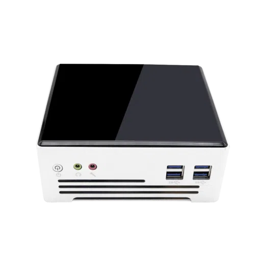 DroiX PROTEUS G4 Intel NUC Mini PC shown from the front with power button audio output and USB 30 Ports